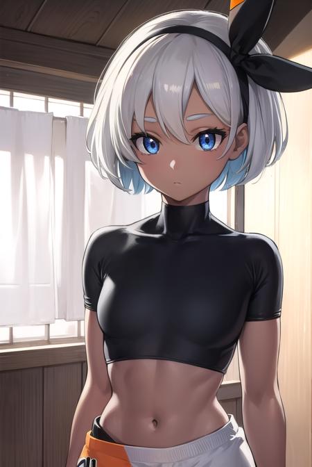 pokemonbea, blue eyes, dark skin, dark-skinned female, grey hair, hair between eyes, short hair, ribbon, hair ribbon, hairband, black ribbon, black hairband, bodysuit, covered navel, shorts, single glove, glove, crop top, white shirt, short sleeves, collar, white shorts,