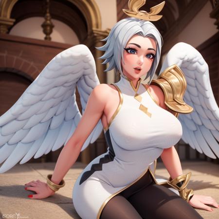 1woman with wings, beautiful, white dress, black leggings, nimbus, <lora:ark_fortnite_1:0.8>