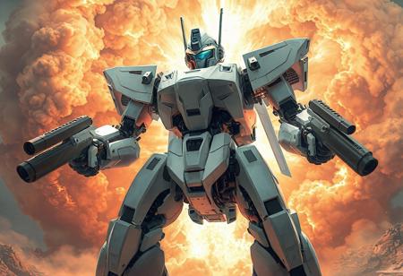 Observe an impressive depiction of aMachineKing Robot against a mystical eruption. This state-of-the-art machine boasts pristine whites contrasted elegantly with sharp blacks and grays, exuding sophistication through every line and curve. Its dominant posture conveys readiness as two guns attach securely onto each robotic limb - poised yet restrained power at hand. Enlarged cameras serve dual purposes; scanning surroundings whilst maintaining unwaveringly focused attention towards what lies ahead. An expansively powerful energy burst ignites behind our metalloid hero creating depth within this masterfully crafted piece where precision meets artistry effortlessly blending together into high quality visual harmony full of vibrant colors & striking details worthy enough even for prestigious platforms like ArtsStationTrendings