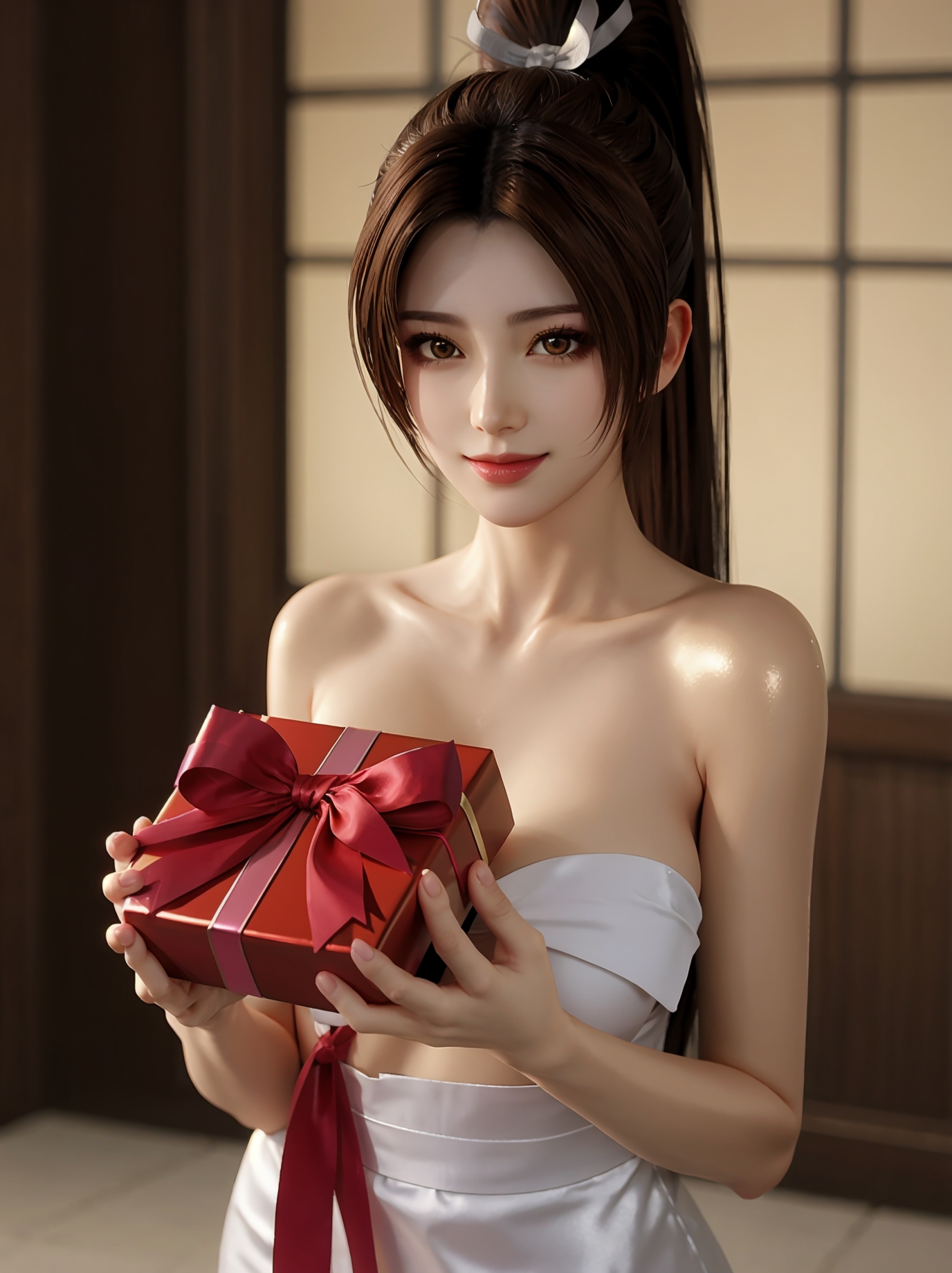 1girl, shiranui mai, brown hair, brown eyes, solo, naked ribbon, gift, ponytail, looking at viewer, ribbon, box, holding, ...
