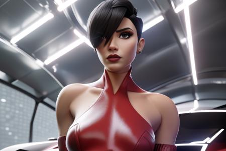 A (3d cartoon) of woman with a sleek, angular haircut and deep, mysterious eyes She is wearing a bold, red outfit that showcases her figure and grace . highly detailed, 8K, stunning, hdr, subsurface scattering, global illumination, film still, Film-like, bokeh, 3d, pixar cartoon