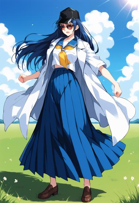 ougigaya_tetsuko, red eyes, blue hair, long hair, sunglasses, black cap, (jacket on shoulders:1.2), white jacket, school uniform, serafuku, blue sailor collar, yellow neckerchief, short sleeves, pleated skirt, blue skirt, (long skirt:1.2),