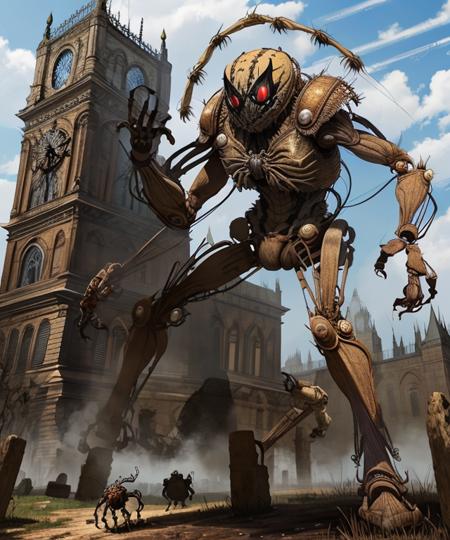 wjqautom clock armor spider, in the battlefield, <lora:wjqautom-13:1>