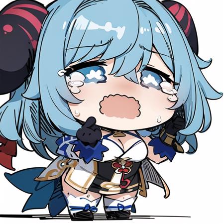 1girl, chibi, blue hair, horns, ganyu, sobbing, white background <lora:Sesield:1>