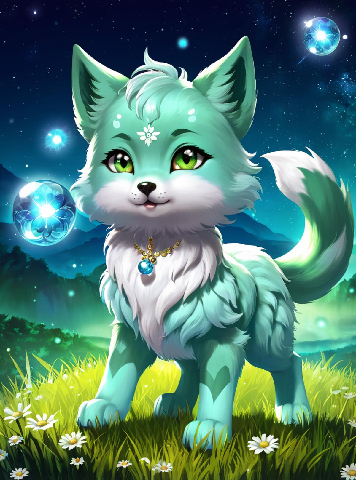 {best quality}, {{masterpiece}},(Extremely gorgeous magic style),grassland,fantasy,solo,highlights,{legendary wolf},{{{det...
