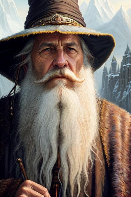 masterpiece, best quality, 8k, artstation, sharp focus, high details, raw photo portrait of very old elder wizard, long beard, long hair, wizard robe, wizard hat, (in epic fantasy environment:1.2), (oil painting:1.2), by greg rutkowski