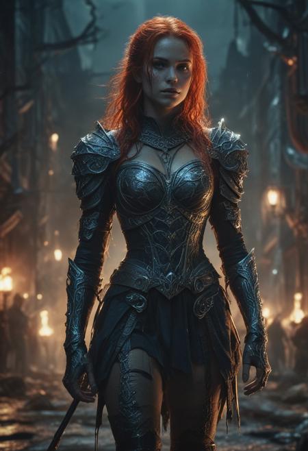 Ultra detailed digital art masterpiece Warrior girl dressed in a Armor, standing in combat pose down the mysterious night street of the big dark fantasy medieval Town, perfect lighting, beautiful Sadie Sink as Warrior girl, attractive woman, elegant, unreal engine 5 nanite quality, mixed with dark elements, dark environment, very dark night, clean dark velour witch clothing, LOTR style, dark washed out eyeliner, no make up, natural bloody face, realistic blue eyes, ultra detailed atmospheric details, beautiful glowing effects, sparkle effects, realistic body proportions, beautiful face proportions, complex masterpiece, wavy red hair, creative glowing detailed tattoos, complex physics, enhanced colors, complimentary colors, ultra detailed raytracing reflections, Ultra detailed complex background, environment feels alive, direct eye contact, dramatic lighting, wet and sweaty skin, beautiful firm Breasts, Concept art portrait by Greg Rutkowski