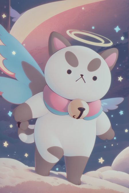 Puppycat,masterpiece, best quality, cat, no humans, solo, wings, bell, :<, full body, sky, standing, halo, angel wings, neck bell, snow, tail, closed mouth, star \(sky\), animal ears, outdoors, chibi <lora:Puppycat-10:1>