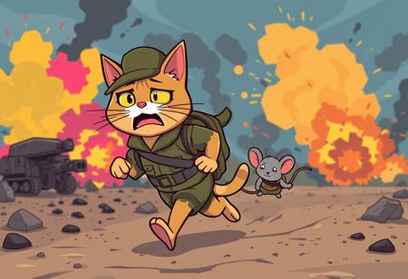cartoon style, a cat with army uniform running carryng a fainted mouse with army uniform from a battlefield with multiple colors colorful explosions with a worried funny face, dust color, color smoke