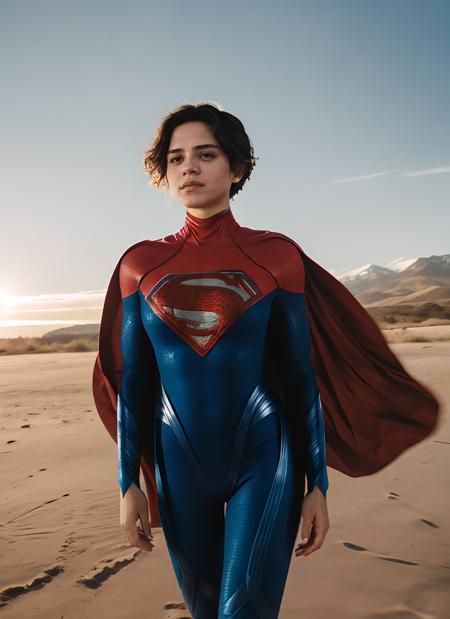 RAW photo, supergirl, short hair, bodysuit, cape, , bad, background winter (high detailed skin:1.2), 8k uhd, dslr, soft lighting, high quality, film grain, Fujifilm XT3  <lora:Sasha Calle Supergirl:0.85>