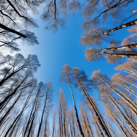 upward shot view of forest, blue sky, cloud, winter,
<lora:forest_upward_shot_v02:0.3>,
photorealistic, masterpeice, best quality, ultra high res, hires