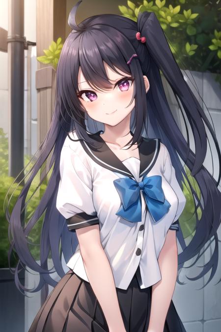 Oomi Sora ahoge,very long hair,black hair,one side up,side ponytail,hair ornament,hairclip,sidelocks,hair between eyes,bangs,pink eyes collarbone,school uniform,black sailor collar,white shirt,blue bowtie,medium breasts,skindentation,puffy short sleeves,miniskirt,black skirt,pleated skirt,white thighhighs,zettai ryouiki,loafers