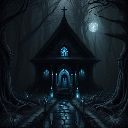 a dark haunted forest, hyper-realistic fantasy art, digital illustration, full shot, black silver neon, moon scene, leading up to a small white chapel,  shimmering blue, Intricate, Highly detailed, Digital painting, art by magali villeneuve and greg rutkowski