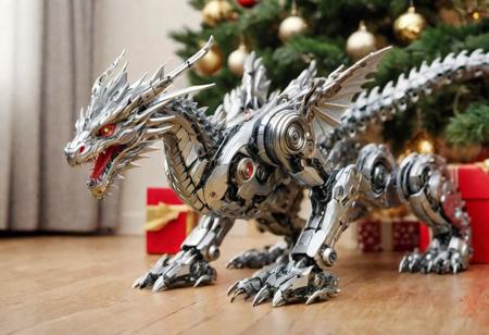 (TransformersStyle plastic toy dragon robot), under a Christmas tree, highly detailed clean, beautiful detailed intricate, 8K, DonMSn0wM4g1c
