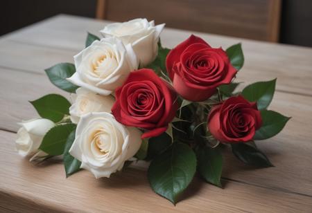 Bouquet of red roses and white roses placed on a wooden table, very realistic photography