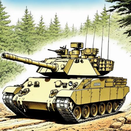 <lora:Akira_Toriyama_vehicle:1>  M1 Abrams battle tank, manga style, full color, akira toriyama, hand drawing, super detailed, <lora:add-detail-xl:1>, cute, cartoonized