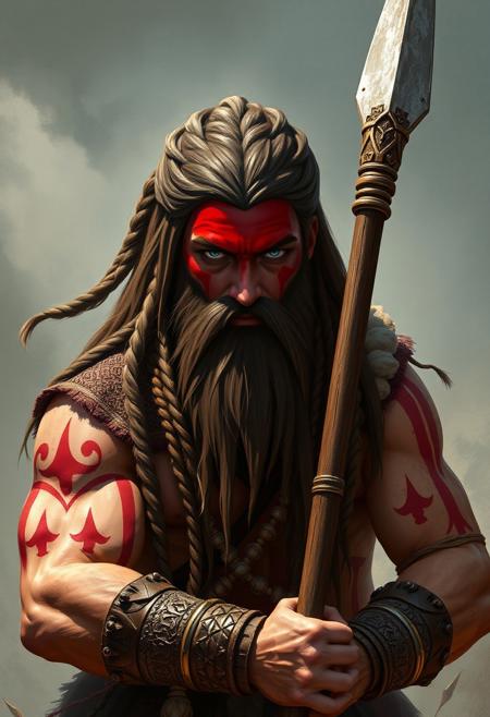 An adventure video Game style artwork featuring a yamnaya warrior, the complete body. He have long Brown hair with braids, long beard, deep blue eyes, and his face is painted in red. He is posing holding a spear