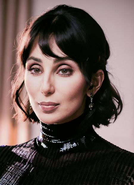 A stunning intricate full color closeup portrait of (Cher:1), wearing a black turtleneck, epic character composition, by ilya kuvshinov, alessio albi, nina masic, sharp focus, natural lighting, subsurface scattering, f2, 35mm, film grain  <lyco:Cher:1.3>