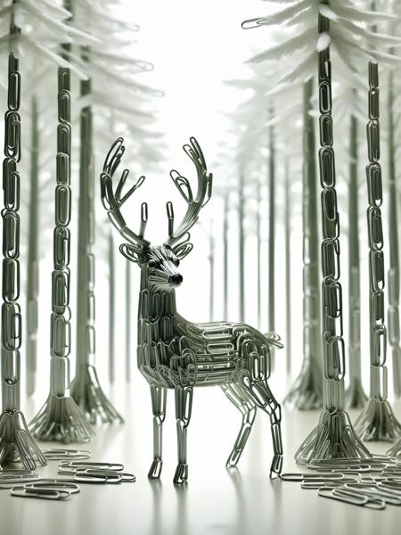 A forest with tall trees and a standing deer, all made from ais-paperclips, amidst a clear daytime setting <lora:Paperclips_Style_SDXL:1>.