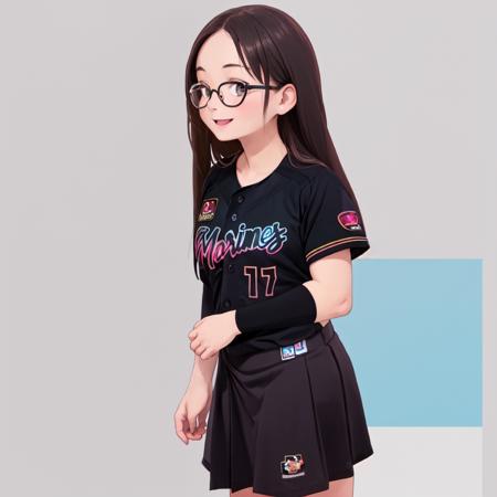 best quality, ultra-detailed, illustration,
1girl, solo, glasses, black hair, long hair, looking at viewer, happy, laughing, standing,
BSW2023, baseball uniform, black shirt, skirt, gray background, simple background, 
 <lora:Chiba_Lotte_Marines_BSW2023_Uniform_SD15_V1:1>