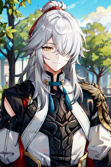 jing yuan(hsr), tree, hair over one eye, outdoors, 1boy, long hair, sky, white hair, day, closed mouth, solo, upper body, looking at viewer, smile, grey hair, male focus, blurry, blurry background, epaulettes, yellow eyes