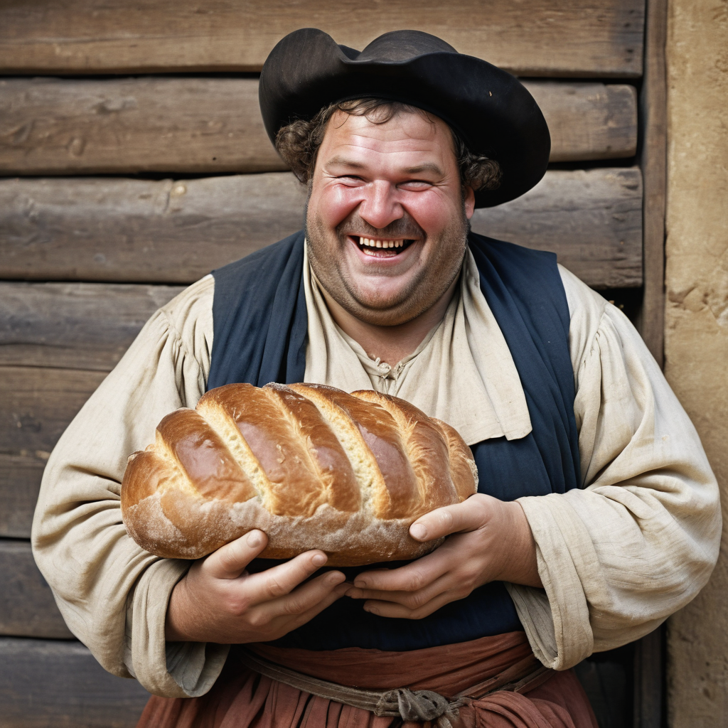 a medieval merchant wearing fine silk clothes, loaf of bread, portly, dirty face, (faint of enigmatic smile:0.25), laughing, looking at viewer, eye contact, portrait, vintage photo, cowboy shot,