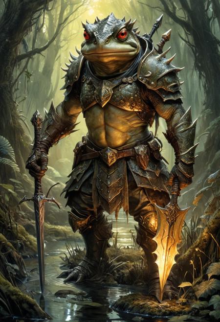 toad fantasy warrior, massive monster, in armor, sword and shield, armed with spear, magical toad, line art, watercolor wash, swamp background, stand, approaching perfection, pure form, golden ratio,  minimalistic, unfinished, concept art by Brian Froud and Carne Griffiths, intricate details, 8k post production, high resolution, hyperdetailed, trending on artstation, sharp focus, studio photo, intricate details, highly detailed, by greg rutkowski<lora:xl_more_art-full_v1:0.5>
dungeon and dragon , fantasy,  detailed_eye_model