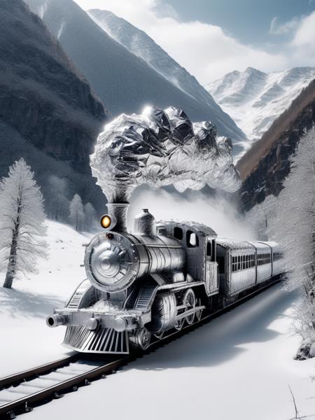 a steam train made of ral-alufoil driving over a huge bridge made of ral-alufoil in a deep valley in the mountians, snowfall and big mountains in the background <lora:ral-alufoil-sdxl:1>