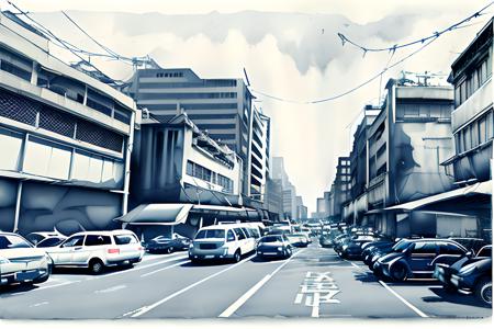 ink_style ,  a Taipei street  with a lot of parked motorcycles and cars <lora:TaiwanStreetView:1:1,0,0,0,0,0,0,1,1,1,1,1,1,1,1,1,1> <lora:InkStyle:1:INALL>