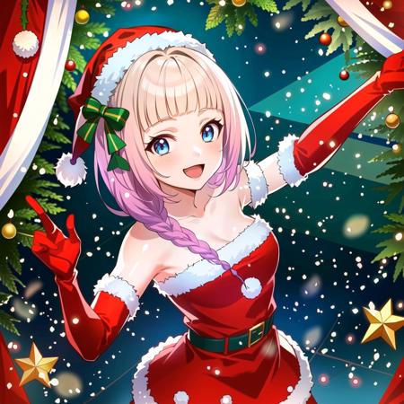 masterpiece, best quality, (1girl, solo),
Tanaka Cosmic Sora, multiple girls, 1girls, gloves, blonde hair, elbow gloves, multicolored hair, christmas, braid, hat, smile, red gloves, pink hair, open mouth, santa hat, dress, looking at viewer, santa costume, thighhighs, hair ornament, boots, bare shoulders, blue hair, snow, gradient hair, santa dress, snowflakes, :d, long hair, bangs, strapless, bow, blue eyes, fur trim, belt
<lora:TanakaCosmicSora:0.65>
((( indoors, christmas, cowboy shot, dynamic pose)))