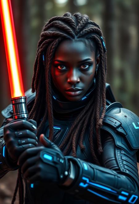 Highest quality, (cinematic lighting:1.1), action movie film still, a dark skinned female dressed in black cyberpunk robotic armor with glowing blue details holding a red lightsaber ready to battle in a wooded area. She has perfect skin, long Auburn dreadlocks, Auburn eyes, and a strong jawline. She is stunningly beautiful with a seductive gaze. ambient glow from the lightsaber, photographed on a Nikon Z9, RF 35mm lens, F2.8, HDR, 8k, highly detailed, Cinestill 800T, dynamic angle, Her face is covered in sith tattoos.
