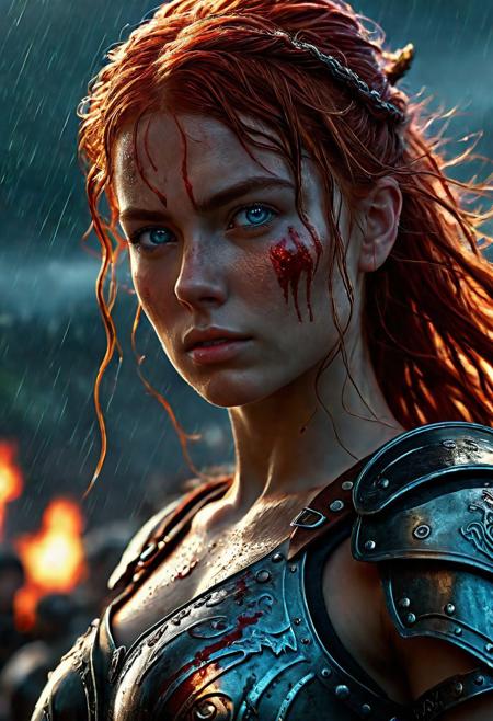 Ultra detailed digital art masterpiece Warrior girl dressed in a iron Armor and red mini skirt, Standing on a battlefield at the head of an army of knights, where a bloody slaughter is taking place, standing in battle pose, a dark epic fantasy, perfect lighting, beautiful Sadie Sink as Warrior girl, attractive woman, elegant, beautiful woman of athletic body, shot of the whole Warrior girl, unreal engine 5 nanite quality, dark fantasy, dark environment, very stormy day, LOTR style, dark washed out eyeliner, no make up, natural bloody pale face, realistic blue eyes, ultra detailed atmospheric details, beautiful glowing effects, sparkle effects, realistic body proportions, beautiful face proportions, complex masterpiece, wavy red hair, creative glowing detailed tattoos, complex physics, enhanced colors, complimentary colors, ultra detailed raytracing reflections, Ultra detailed complex background, environment feels alive, direct eye contact, dramatic lighting, wet and sweaty skin, beautiful firm Breasts, Daylight, Concept art by Greg Rutkowski, adding to the intense and dynamic atmosphere of the scene.