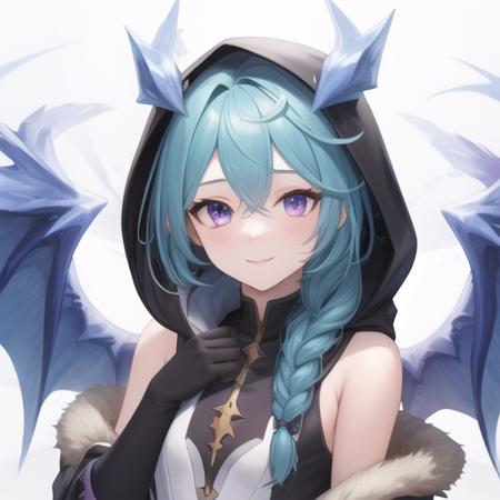 (masterpiece, best quality:1.2),illustration,8k,hd,1girl,solo,upper body,(portrait:1.2),shefi (princess connect!),fur trim,tail,dragon tail,horns,purple eyes,dragon girl,dragon horns,wings,gloves,pantyhose,white dress,dress,looking at viewer,dragon wings,coat,braid,blue hair,black gloves,hooded coat,boots,hood down,smile,ice,long hair,bangs,sleeveless,single braid,fur-trimmed coat,open coat,blue wings,fur-trimmed hood,hood,bare shoulders,black pantyhose,hair over shoulder,fur-trimmed boots,<lora:Shefi(pri)>,