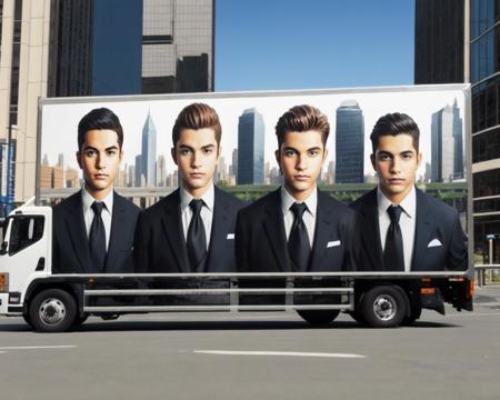 ground vehicle, outdoors, building, road, city, street, vehicle focus, truck, real world location, photo background <lora:adtruck_v1:0.7>, multiple boys, black suits, tie