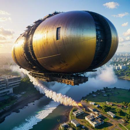(stylized by Hayao Miyazaki:0.8) and (Kunio Okawara:1.0) and (Masamune Shirow:1.3) , anime key visual, concept art, shot from side of a Burning Stressed New Wave (Airship:1.3) , it is designed by Rockstar games, it is in a Ancient setting, near Refined Mexico, lush space and water, at Sunrise, equirectangular 360, Vivid, Disgusting, Digital Art, Motion blur, Circular polarizer, Single Color, Rule of Thirds, Gradient and Mustard flakes, dslr, UHD