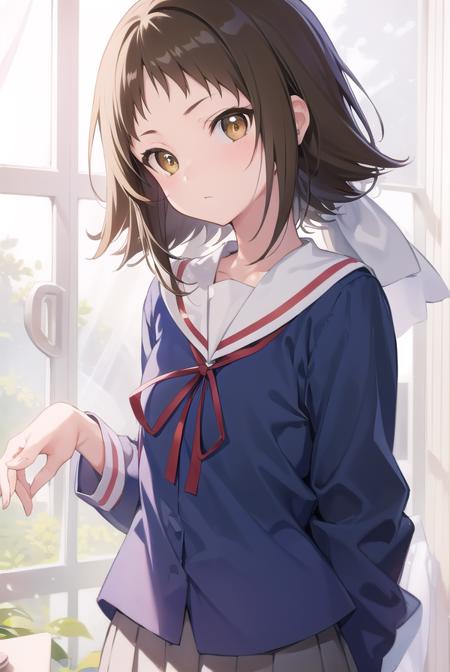 mashiromitsumine, <lyco:mashiromitsumine-lyco-nochekaiser:1>,
mashiro mitsumine, (brown eyes:1.5), brown hair, ponytail, (flat chest:1.2),
BREAK grey skirt, long sleeves, neck ribbon, red ribbon, ribbon, sailor collar, school uniform, skirt, white sailor collar, (blue shirt:1.5),
BREAK looking at viewer, full body,
BREAK indoors, classroom,
BREAK <lyco:GoodHands-beta2:1>, (masterpiece:1.2), best quality, high resolution, unity 8k wallpaper, (illustration:0.8), (beautiful detailed eyes:1.6), extremely detailed face, perfect lighting, extremely detailed CG, (perfect hands, perfect anatomy),