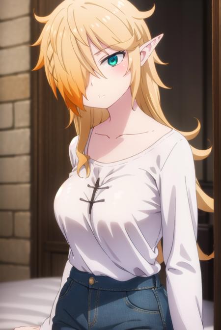 reviewerzel, <lora:reviewer zel female s1-lora-nochekaiser:1>,
zel, long hair, blonde hair, (green eyes:1.3), pointy ears, (hair over one eye:1.5), elf,
BREAK shirt, long sleeves, pants, denim, jeans, (white shirt:1.5), collarbone,
BREAK indoors, bed,
BREAK looking at viewer, (cowboy shot:1.5),
BREAK <lyco:GoodHands-beta2:1>, (masterpiece:1.2), best quality, high resolution, unity 8k wallpaper, (illustration:0.8), (beautiful detailed eyes:1.6), extremely detailed face, perfect lighting, extremely detailed CG, (perfect hands, perfect anatomy),