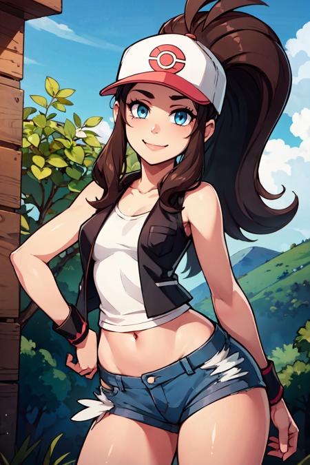 zzHilda, blue eyes, long hair, high ponytail, sidelocks,  hat, collarbone, white shirt, black vest, sleeveless, wristband, short shorts, denim shorts, exposed pocket, 