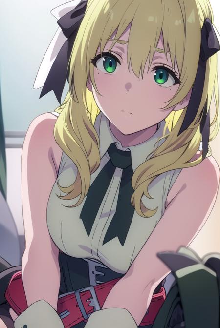 estelle rosenthal, long hair, blonde hair, (green eyes:1.5), mole, mole under eye, black ribbon, black bow, hair ribbon, skirt, shirt, thighhighs, gloves, bow, ribbon, bare shoulders, white shirt, sleeveless, belt, black thighhighs, miniskirt, bowtie, sleeveless shirt, red skirt, garter straps, red gloves, high-waist skirt, pink gloves, thighhighs, belt, black thighhighs, zettai ryouiki, nurse,