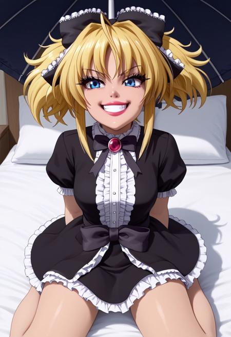 mittelt, blonde hair, blue eyes, narrowed eyes, messy hair, bangs, ahoge, short twintails, medium hair, sidelocks, small breasts, fang, hair bow, gothic ,