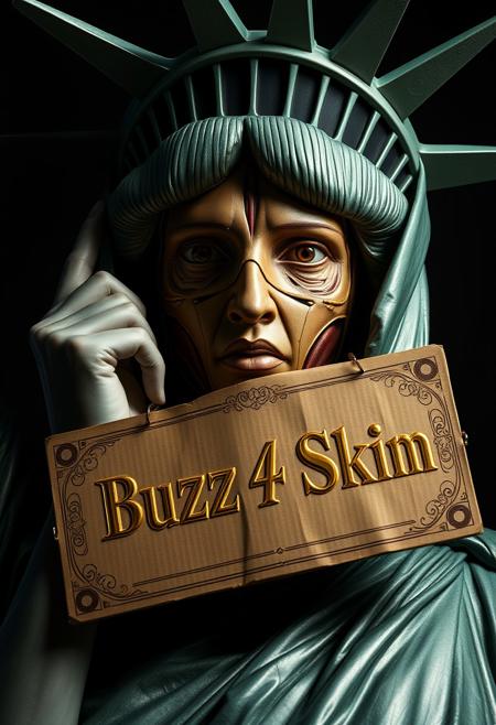 **Prompt:** A highly detailed and dramatic portrait of the Statue of Liberty, focusing on her face in a macro close-up. The Statue of Liberty is unwrapping a large, non-surgical face mask, revealing the intricate and realistic facial muscle structure beneath. The mask is partially peeled away, exposing tendons, muscles, and sinews in high detail. Around her neck, a luxurious and ornate cardboard sign hangs with the text "Buzz 4 Skin" elegantly embossed in gold lettering. The cardboard is richly decorated with intricate patterns and gilded edges, giving it an unexpectedly opulent appearance. The scene is lit with dramatic studio lighting, casting deep shadows and emphasizing the contrast between the statue's iconic metal surface and the raw, exposed anatomy. The overall atmosphere is dark and unsettling, with a creepy, almost dystopian vibe that contrasts sharply with the rich, decorative sign.