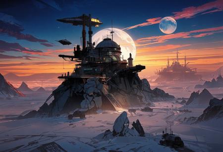 Seen from the sky, a futuristic city stands in the middle of a vast icy expanse. The scene takes place on another planet, as two moons are visible in the sky. The city is perched on a massive rocky spur, its architecture sleek and harmonious, made of glass and steel. A large building with a grand dome overlooks the city, and communication antennas are scattered throughout.
Space traffic is visible, with a massive spaceship above us and another below, docking at the city's elevated astroport. Several platforms extend from the city's rocky foundation. In the distance, two other cities can be seen, also perched on rocky spurs. Mining vehicles move across the icy terrain, traveling between the cities.
The cities are surrounded by an immense frozen desert, with occasional jagged rocks emerging from the ice. The sky is brightly illuminated as the sun sets, casting a stunning blend of deep blues and warm oranges. The atmosphere is nocturnal, with breathtaking hues of twilight and early evening.