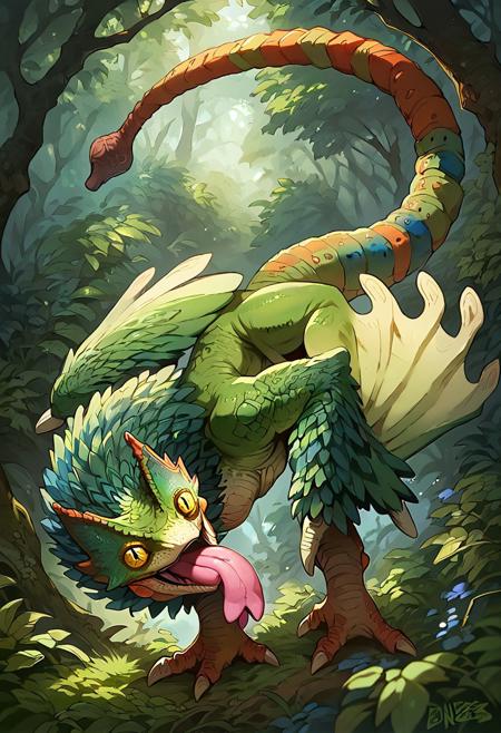 score_9, score_8_up, score_7_up, score_6_up, score_5_up, pukeipukei,feral,solo,hi res,detailed background,forest, yellow eyes,(slit pupils:0.7),tongue out,long tongue,forked tongue,winged arms,(raised tail),detailed eyes,side view,
