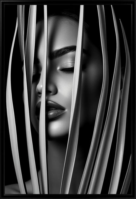 This image is a high-contrast, monochromatic digital artwork featuring a close-up of a woman's face. The woman has her eyes closed and is depicted in a serene, almost meditative state. Her skin appears smooth and flawless, with a slight sheen suggesting a glossy finish. Her lips are full and slightly parted, giving her a sensual yet calm expression. The woman's face is framed by a series of vertical black and white stripes, creating a striking visual contrast and adding an element of modernism to the composition. The stripes are positioned in front of the woman's face, obscuring parts of her features, and they vary in width, creating a dynamic and abstract effect. The background is a dark, almost black, color, enhancing the dramatic effect of the image. The overall style is contemporary, with a focus on clean lines, sharp contrasts, and a minimalist aesthetic. The image has a glossy, polished look, suggesting a high-quality digital medium. The artwork is framed by a thin, sleek black border, which further enhances the modern and sophisticated feel of the piece.