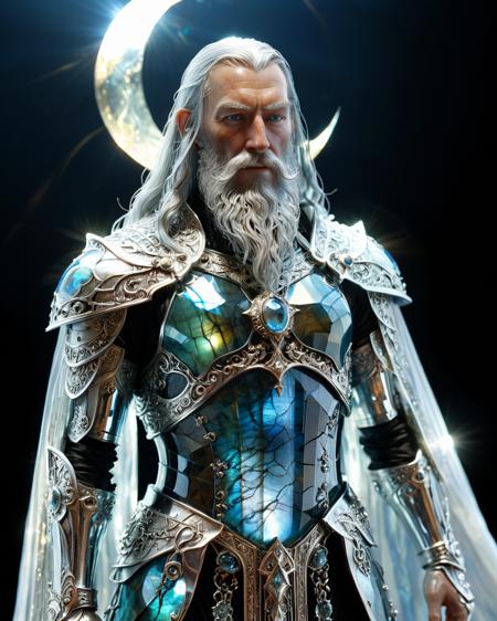 full body bearded sorcerer in a transparent illuminate armor,  light shining through LABRADORITE, silver, chrome,  closeup highly detailed illuminated face, sunlight shining through gemstone of semi-precious stone, Kay Nielsen , water, reflections, transparency, arch, moon, volumetric lighting, prismatic effect, blood, Gandalf, <lora:add-detail-xl:1.0>  <lora:xl_more_art-full_v1:0.5>