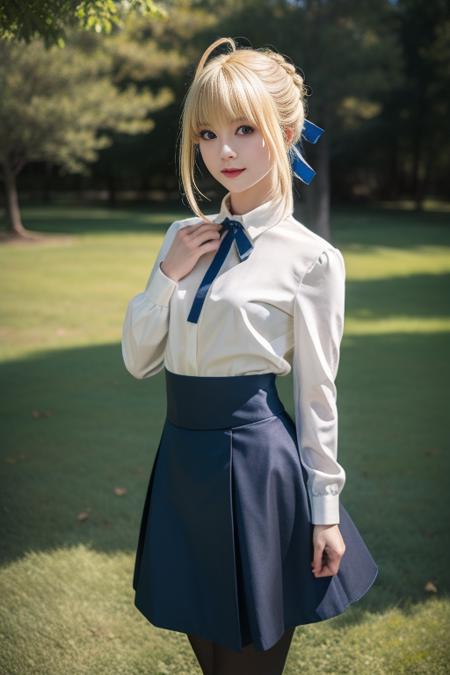 ultra-detailed,highly detailed,best quality,masterpiece,illustration,
saber, 1girl, artoria pendragon \(fate\), solo, cosplay,
blonde hair, ahoge,hair ribbon, short hair, braided bun, sidelocks, bangs, 
pantyhose, shirt,skirt,  neck ribbon, long sleeves,casual, blouse, high-waist skirt, 
looking at viewer, 
outdoors, grass,dynamic pose, photo background, 
<lora:saber_v1_02:0.7>