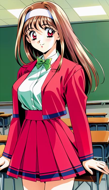 1girl, solo, cowboy shot, light smile, closed mouth, classroom, 1990s \(style\), retro artstyle,
<lora:mizuho_yuuki_01:0.8>, mizuho yuuki, light brown hair, hairband, red eyes,
school uniform, blazer, pleated skirt, red skirt, red jacket, white shirt,