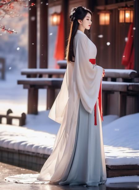 (masterpiece, best quality:1.5)
1girl, back view, black hair, blurry, blurry background, chinese clothes, closed eyes, closed mouth, dress, from behind, hanfu, long hair, long sleeves, outdoors, red lips, snow, snowing, solo, white dress, wide sleeves, realistic