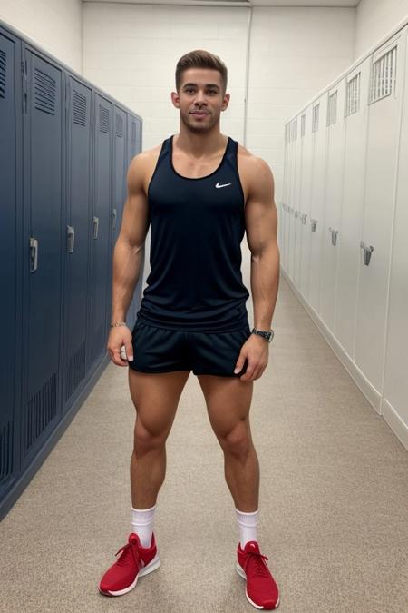 standing in a gym, lockers in the background, lukas is a sexytrainer, white tank top, red shorts, white socks, sneakers, hands on hips, ((full body portrait)), wide angle <lora:lukas_y:0.8> <lora:Clothing - Sexy Personal Trainer:0.65>
