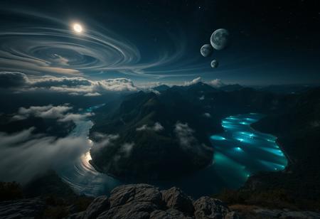 POV, on top of a mountain, looking down from mountain top, geological basin at the base of mountain, rivers leading to basin from mountains, basin surrounded by mountains, shore line, trees, clear blue water, swirling clouds, cloud streams, mist over basin, at night, dark, moon, moon light, glowing orbs in air around basin, glowing orbs under water surface, stars, night sky, nebula, 3 moons in sky,